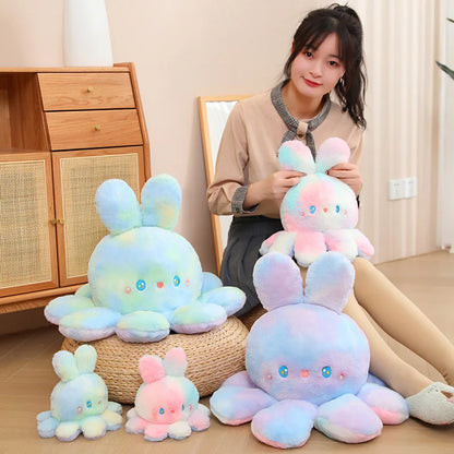 Kawaii Plush Flip Rainbow Cosplay Bunny Octopus Plush Toy Double Side Reversable Rabbit Plushie Peluche Doll  Cuddly Doll