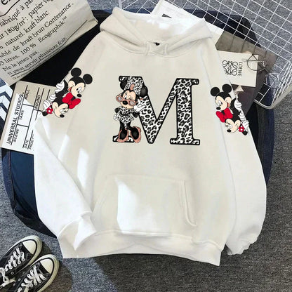 2024 Women's Winter Jacket Cute Kawaii Disney Mickey Mouse Lucky Letters Print White Hoodie Fashion Couple Streetwear Sportswear