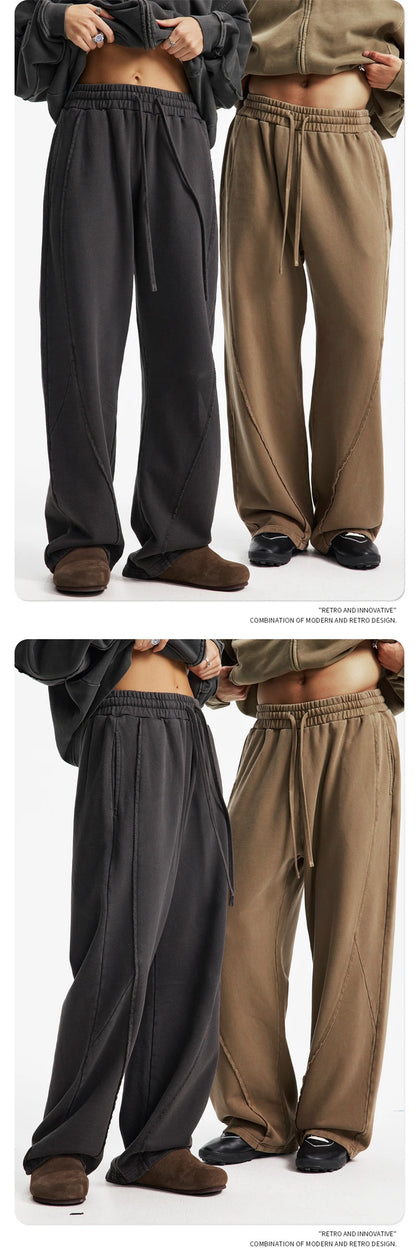 ZODF Retro Autumn Washed Loose Edge 430gsm Cotton Pants For Man Unisex Distressed Old Money Straight Patchwork Trousers HY1105