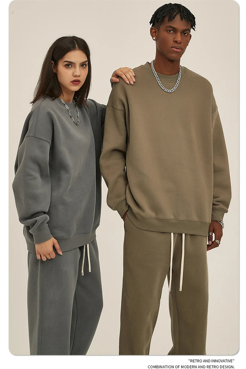 ZODF New 2025 Winter 350gsm Fleece Sweatshirts For Men Unisex Casual Loose Basic Solid O-Neck Thick Warm Pullovers HY0635