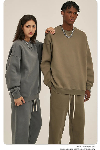 ZODF New 2025 Winter 350gsm Fleece Sweatshirts For Men Unisex Casual Loose Basic Solid O-Neck Thick Warm Pullovers HY0635