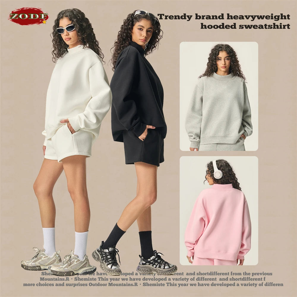 ZODF 2025 Winter Women 350gsm Warm Fleece Sweatshirts Girls Female Hip Hop Half Turtleneck Pullovers Brand Clothing HY056