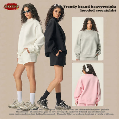 ZODF 2025 Winter Women 350gsm Warm Fleece Sweatshirts Girls Female Hip Hop Half Turtleneck Pullovers Brand Clothing HY056