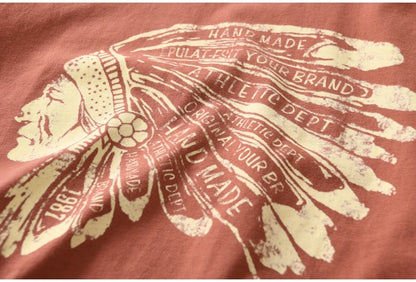 Autumn New American Retro Long Sleeve O-neck Indian Printed T-shirt Men's Fashion 100% Cotton Washed Casual Bottoming Tops