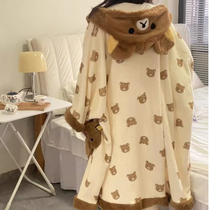 Rilakkuma Women'S Fleece-Lined Thickened Robe Coral Fleece Flannel Hooded Home Clothes Warm Nightgowns Casual Wear For Going Out