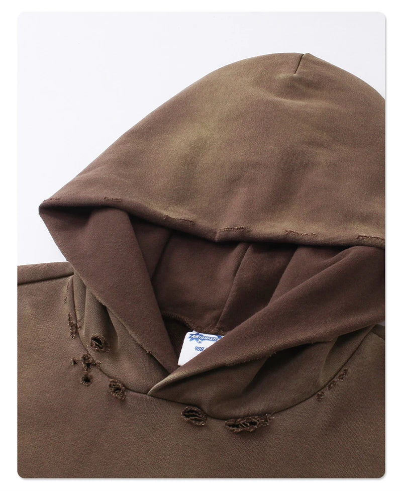 ZODF Retro Men's Heavyweight Gradient Washed Hoodies Unisex Loose Distressed Holes 450gsm Knitted Hooded Pullovers HY0891