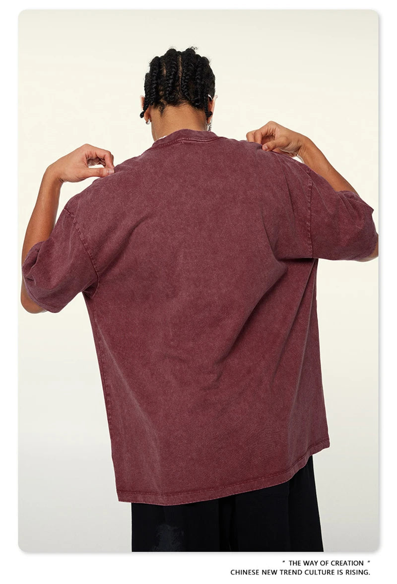 ZODF New Summer Men Washed Batik Cotton T Shirts Unisex American Retro High Street 270gsm Short Sleeve Tees Streetwear HY0489