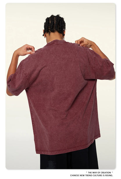 ZODF New Summer Men Washed Batik Cotton T Shirts Unisex American Retro High Street 270gsm Short Sleeve Tees Streetwear HY0489