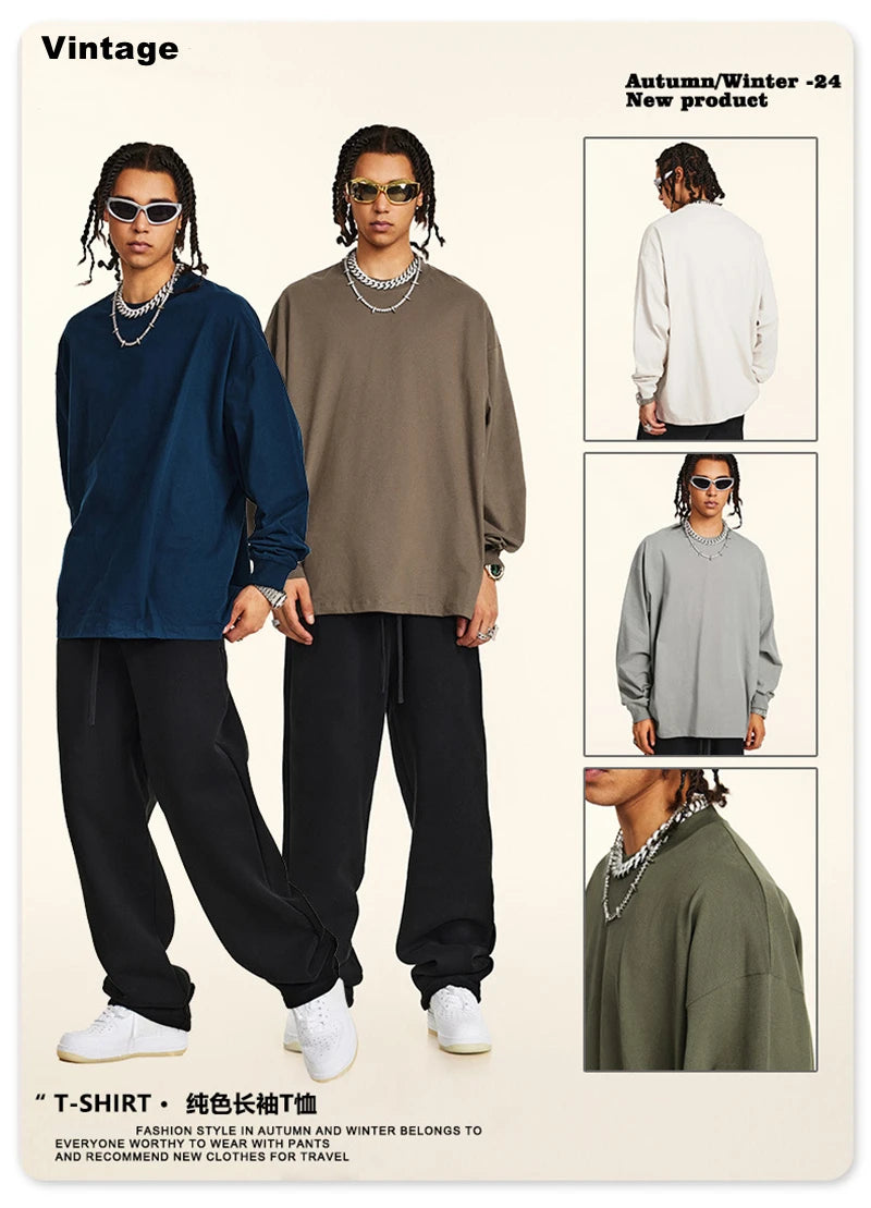 ZODF New 2024 Autumn 225gsm Loose Solid T-Shirt For Men Retro Unisex Antibacterial Full Sleeve T Shirts Brand Tops HY0871