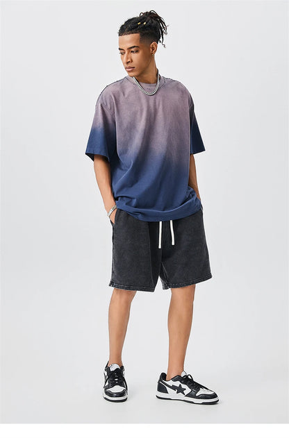 ZODF New Men's Summer Washed Gradient Cotton T-Shirts Unisex Women Retro Distressed 310gsm Ripped T Shirt Brand Tops HY0859