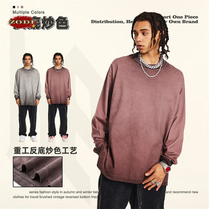 ZODF 2024 Autumn Men's Washed Cotton T-Shirt Unisex Oversized Distressed 250gsm Long Sleeve O Neck T Shirts Tees HY0921
