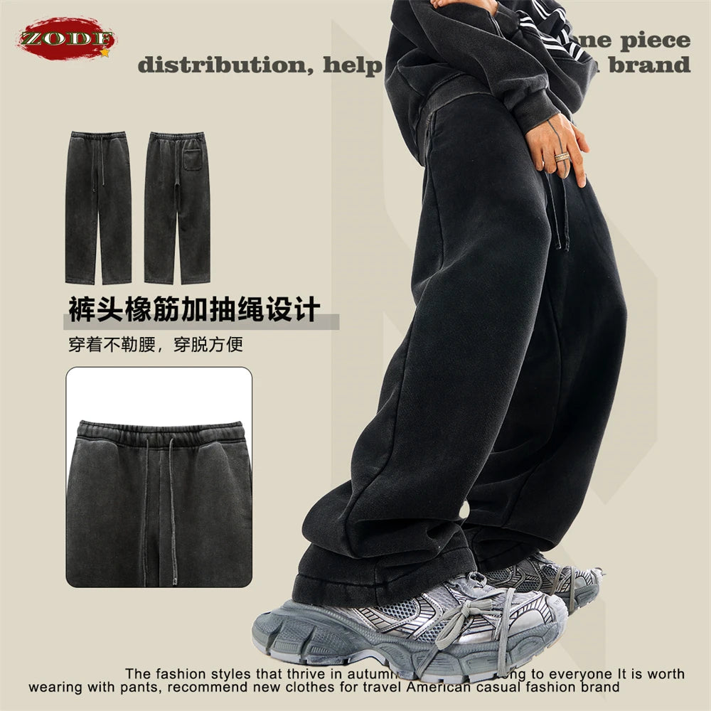 ZODF Retro 2025 Winter Washed Fleece Straight Pants For Men Unisex Loose 360gsm Knitted Warm Soft Trousers Brand Clothes HY0869