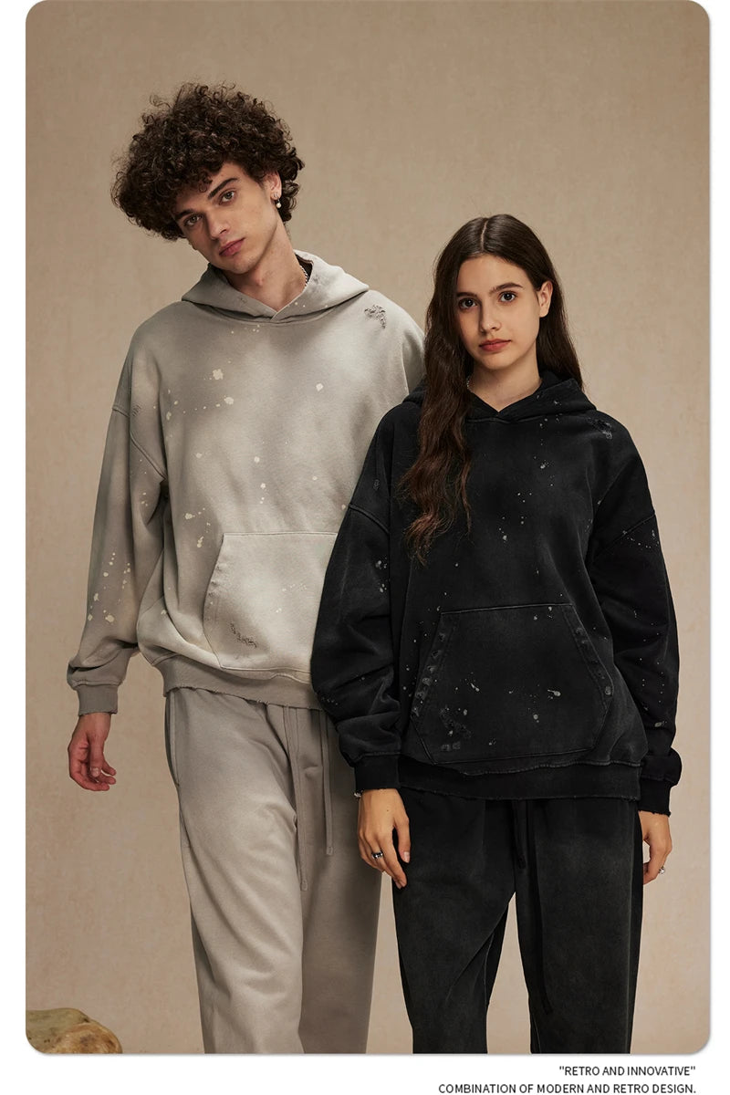 ZODF Autumn Winter Spray Dyeing Ink Splashing Hoodies For Men Unisex 450gsm Washed Oversized Knitted Hooded Pullovers HY0908