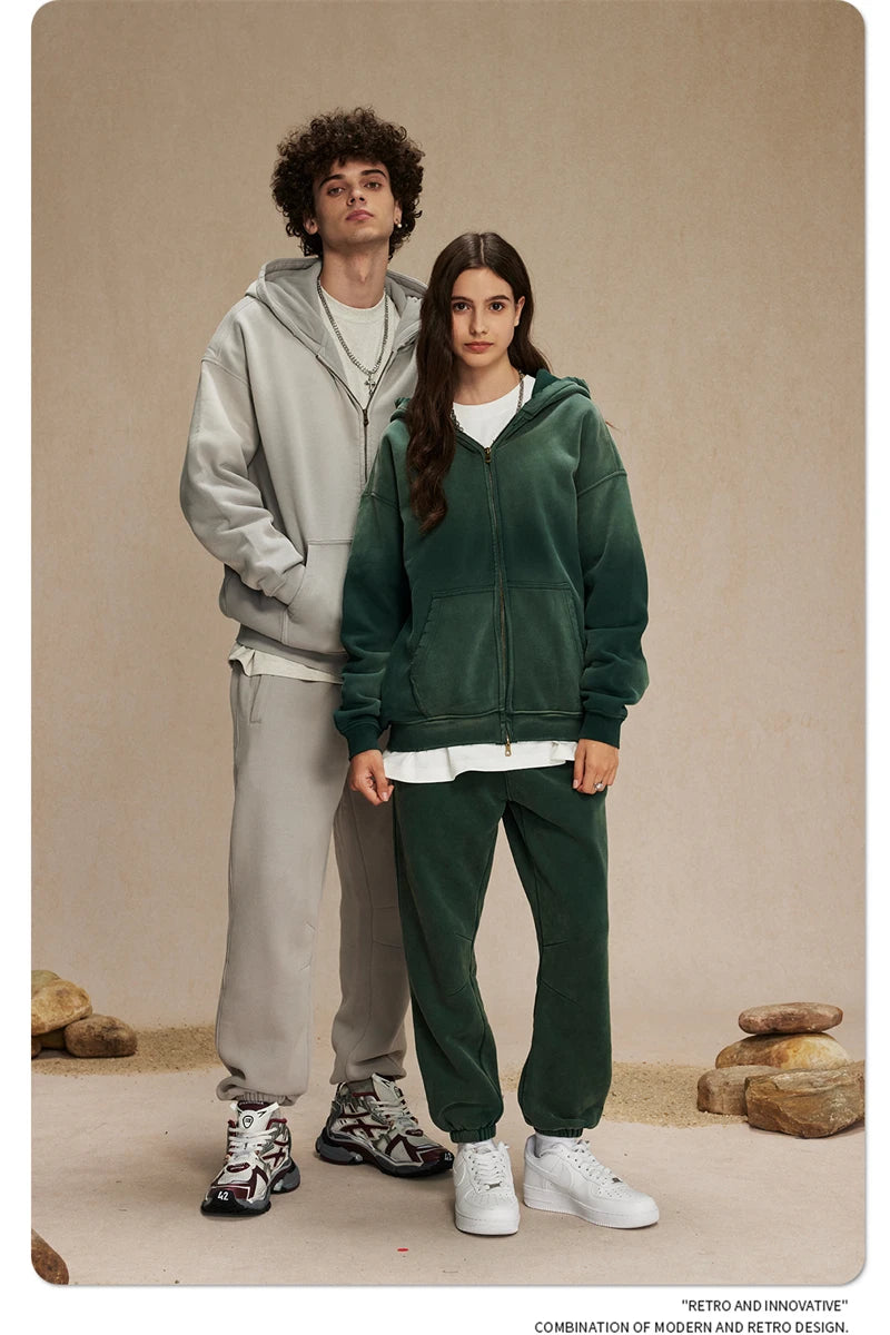 ZODF Retro Winter Men Spray-Dyed Zipper Hoodies Unisex Loose 360gsm Zipper Fleece Hooded Sweatshirt Pullovers Coats HY0719