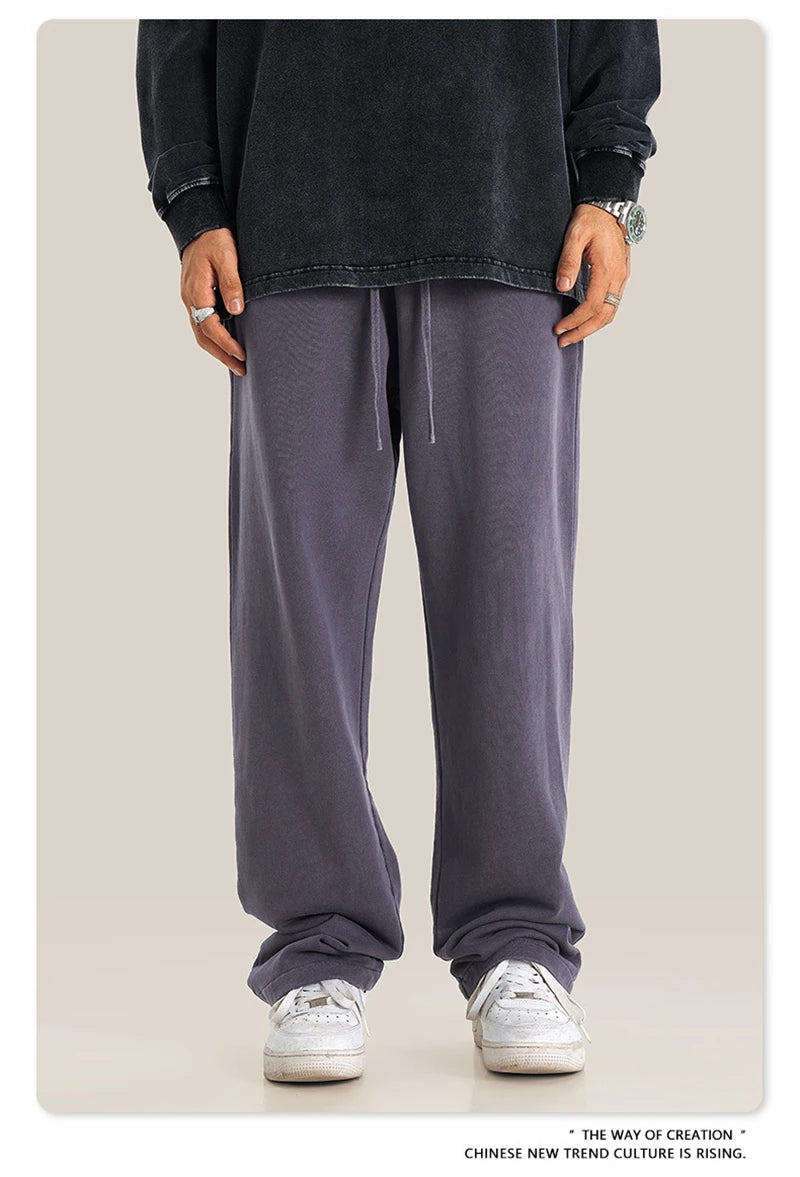 ZODF Retro Men Autumn Washed 380gsm Cotton Unisex High Street Oversized Solid Sport Straight Pants HY0885