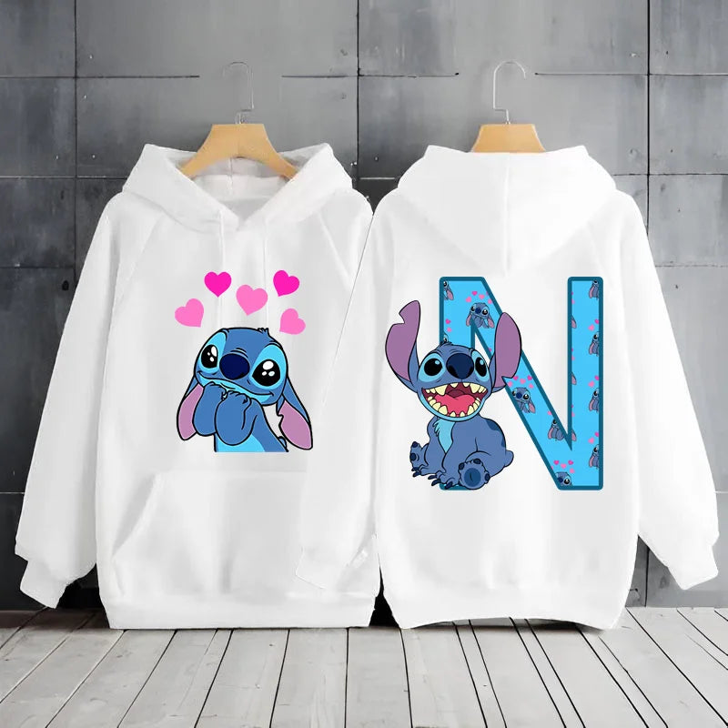 2025 Women's Winter Jacket Cute Kawaii Disney Lilo & Stitch Lucky Letter Print White Hoodie Fashion Couple Streetwear Sportswear