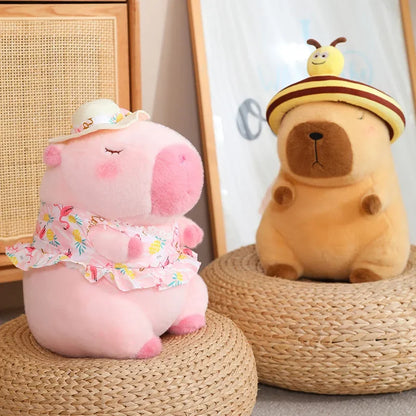 Pink Capybara Plush Toy Stuffed Seaside Beach Dress Blue Shirt Swim Ring Bee Decor Capibara Plushie Boy Hawaii Vacation Style