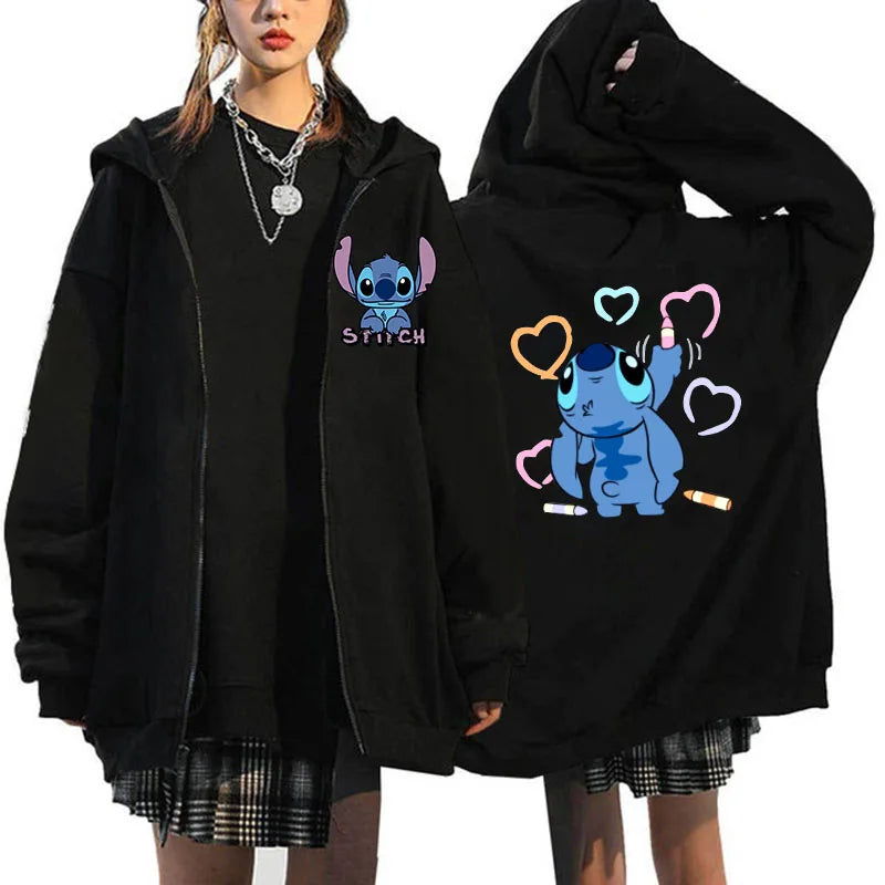 Women's Zip Hoodies Disney Role Play Lilo & Stitch Graphic Print Sweatshirt Winter Outerwear Girls Student College Clothing Tops