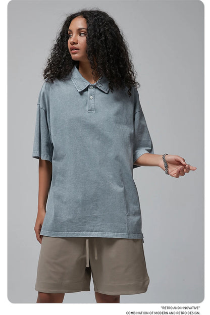 ZODF Summer Men Batik Washed 275gsm Cotton T Shirt Unisex Retro Turn Down Collar Short Sleeve T-shirts Tees HY0533