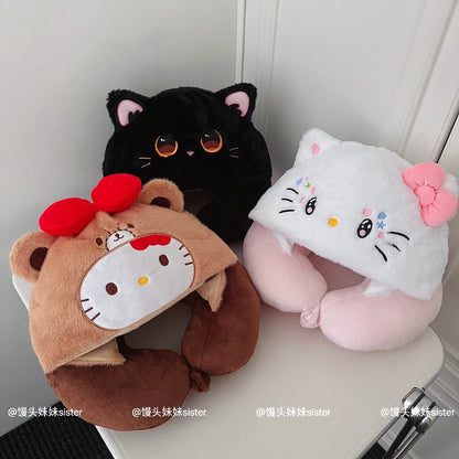 Kawaii Hello Kitty Neck Support Pillow with Hat Soft Plush Travel U-Shaped Pillow Nap Sleeping Cartoon Comfortable Journeys Girl