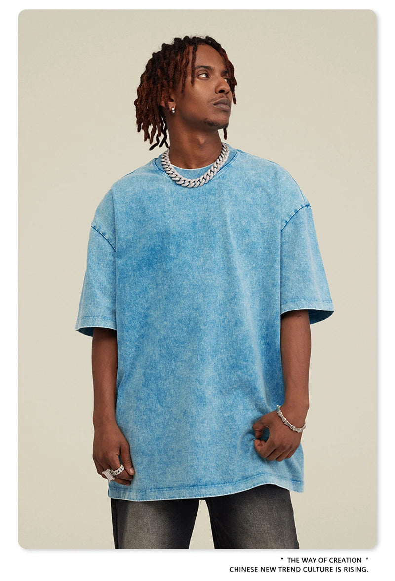 ZODF New Summer Men Washed Batik Cotton T Shirts Unisex American Retro High Street 270gsm Short Sleeve Tees Streetwear HY0489