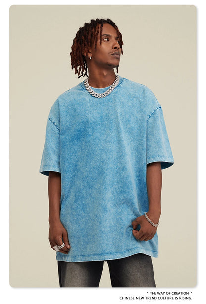 ZODF New Summer Men Washed Batik Cotton T Shirts Unisex American Retro High Street 270gsm Short Sleeve Tees Streetwear HY0489