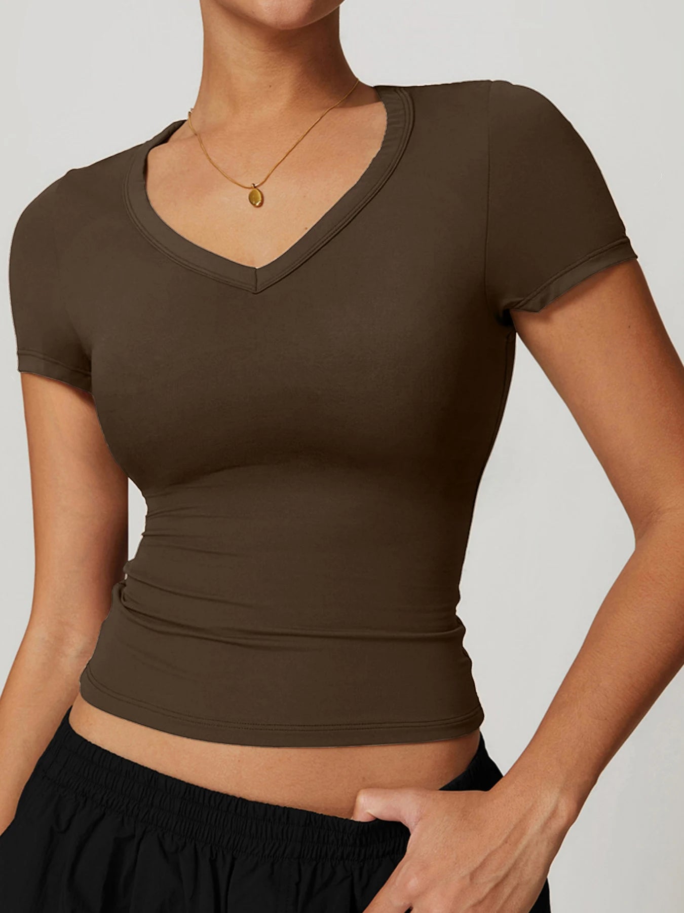 Women’s Gym Running Short Sleeve T-Shirt with Integrated Fitness Bra Yoga Sportswear Vest Top - Coffee / M
