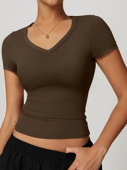 Women’s Gym Running Short Sleeve T-Shirt with Integrated Fitness Bra Yoga Sportswear Vest Top - Coffee / M