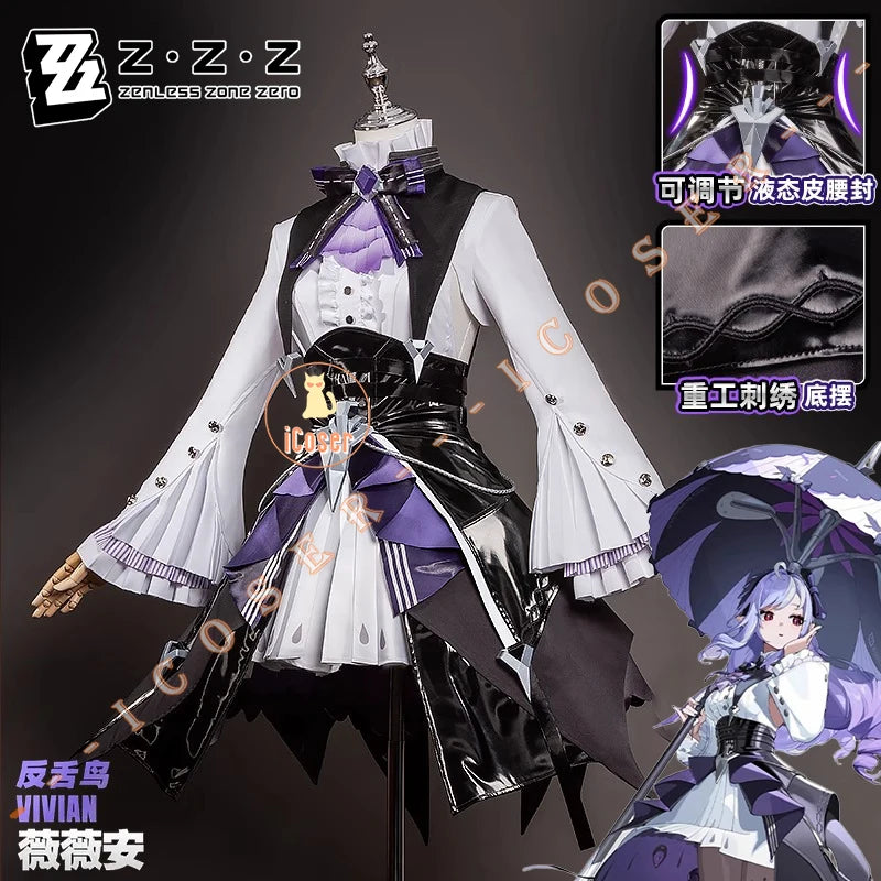 Zenless Zone Zero Vivian Cosplay Costume Wig Dress Uniform Headwear Mockingbird Carnival Halloween Party for Women Girls Props