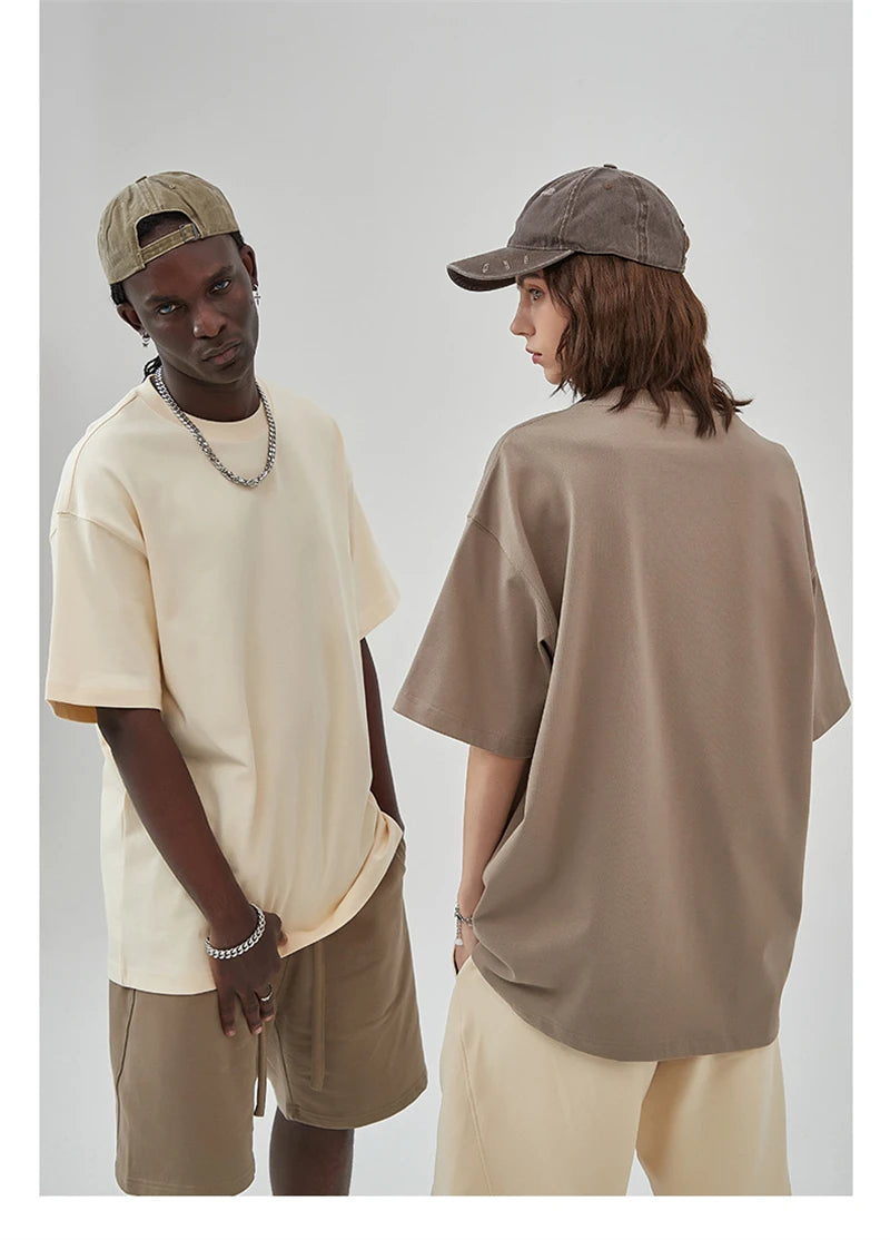 ZODF New Summer Men 100% Cotton Solid T Shirts Unisex High Street Heavy Weight 305gsm Oversized FG Noshrink T-Shirt Tops HY0165