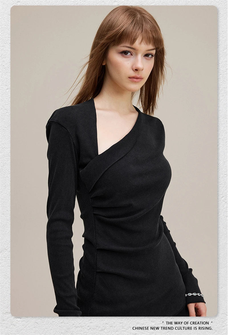 ZODF Retro Sexy Women Autumn Washed 275gsm T Shirt Ladies Girls Distressed Side Pleated Full Sleeve T-Shirts Tees HY1107