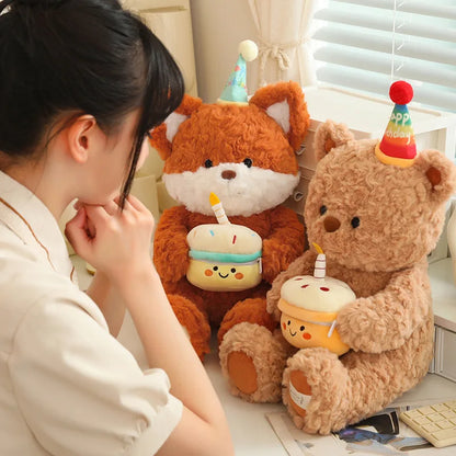 High Quality Birthday Gift Plush Toy Soft Cute Bear Fox Doll with Cake Decor Proposal Suprise Gift For GirlFriend