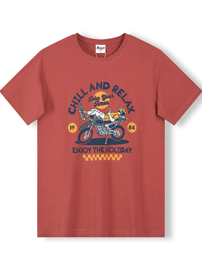 Summer New American Retro Short-sleeved O-neck Motorcycle Printed T-shirt Men's Fashion 100% Cotton Washed Casual Sport Tops