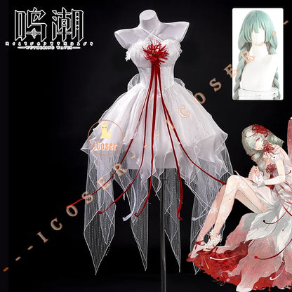 Wuthering Waves Phrolova Cosplay Costume Wig Dress White Spider Lily Layered Gown Headwear Halloween Party for Women Girls Props