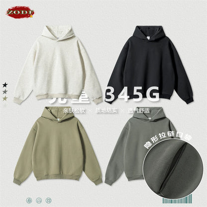 ZODF New Winter Men Solid Fleece Hoodies Unisex Women 345gsm Loose Warm Side Zipper Pocket Hooded Pullovers Brand Clothes HY0867