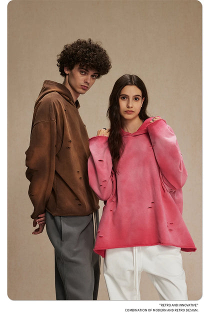 ZODF New Autumn Winter Men Monkey Washed Hoodies Unisex Disstressed Ripped Heavyweight Knitted 450gsm Hooded Pullovers HY0909