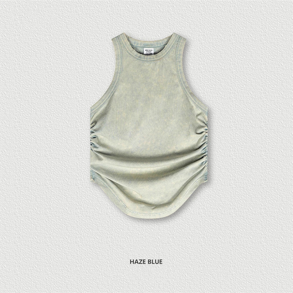 ZODF Women 2024 Summer Washed Tank Tops Female Hotsweet Girls 235gsm Slim Pleated Arc Hem Camisole TEE Streetwears HY0795