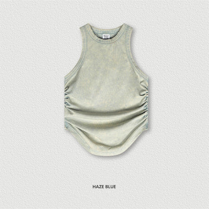 ZODF Women 2024 Summer Washed Tank Tops Female Hotsweet Girls 235gsm Slim Pleated Arc Hem Camisole TEE Streetwears HY0795