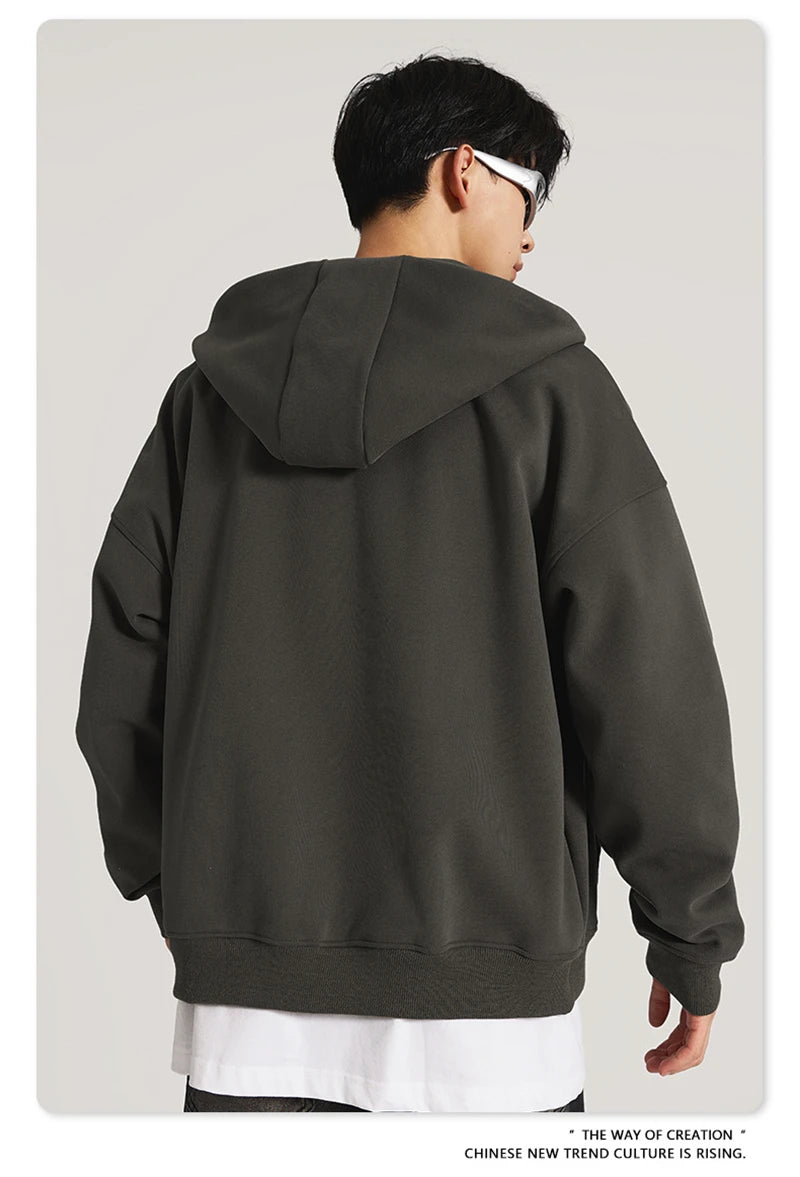 ZODF New Winter Men Zipper Fleece Hoodies Unisex Loose Heavy Weight Thick Warm Basic 420gsm Hooded Coats Hoodie HY0747