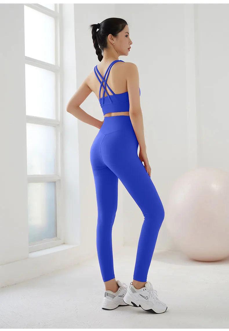 2 Piece Yoga Set Solid Color Women's High Waisted Leggings Tight-Fitting Quick-Drying Running Underwear Cross Bra Fitness Suit