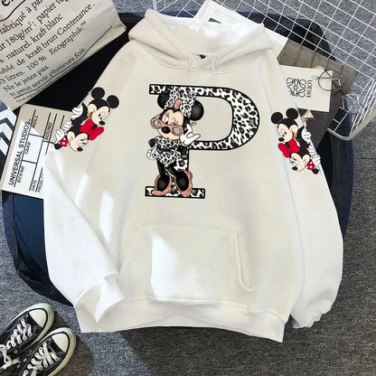 2024 Women's Winter Jacket Cute Kawaii Disney Mickey Mouse Lucky Letters Print White Hoodie Fashion Couple Streetwear Sportswear