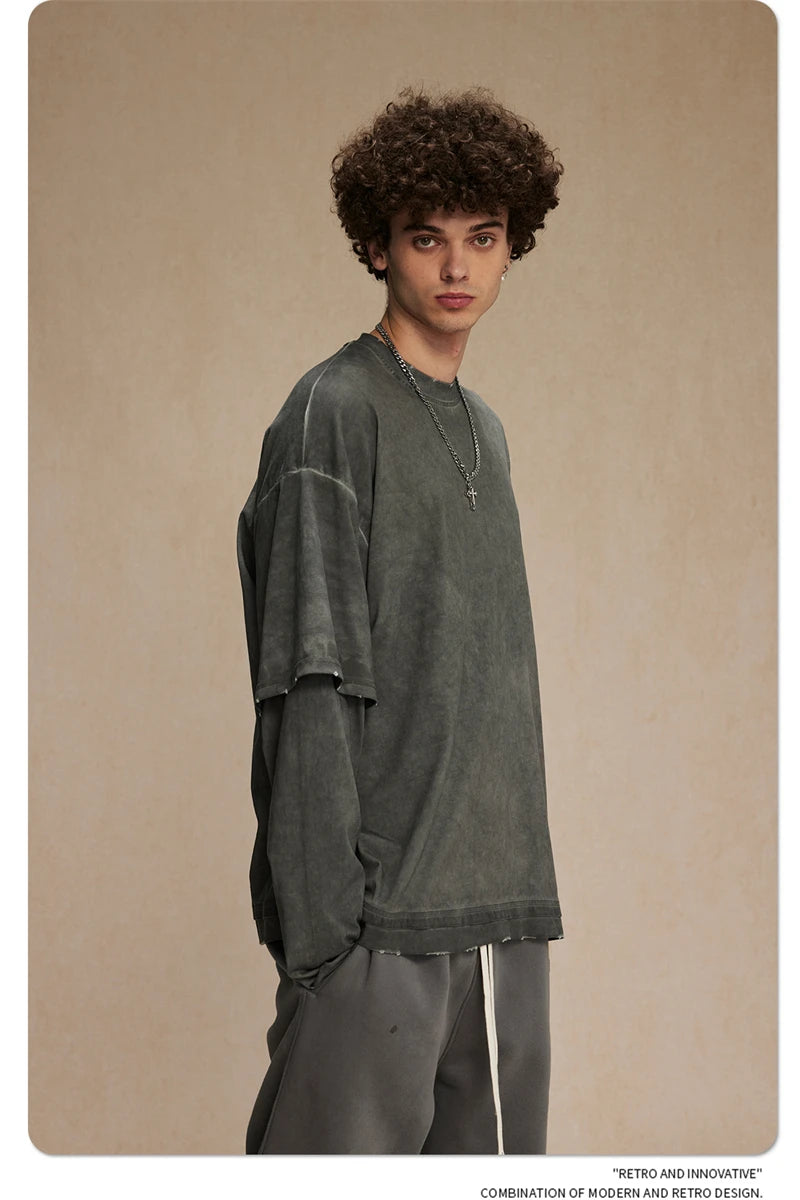 ZODF New 2024 Autumn Fake 2 Pieces T-Shirt For Men Unisex Loose Solid Long Sleeve O-Neck 305gsm Cotton T Shirt Brand Tops HY0944