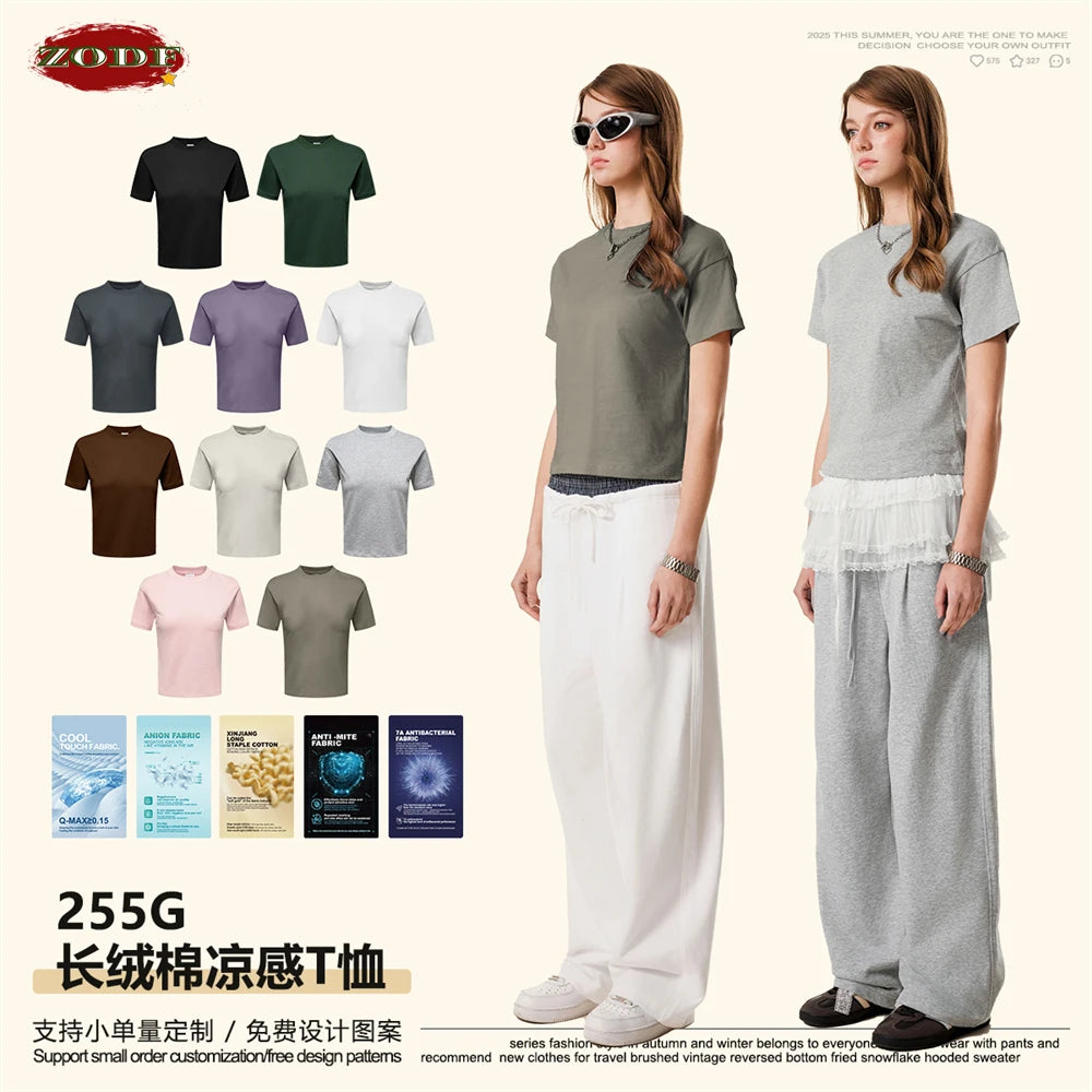 ZODF Women 2025 Summer 255gsm Cotton T-Shirts Hotsweet Girls Casual Solid Comfortable Sport T Shirt Brand Tops HY0978