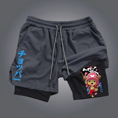 One Piece Chopper Anime Gym Shorts Men New Summer Japanese Cartoon Print Beach Pants Streetwear Double-layer 2-in-1 Sports Pants