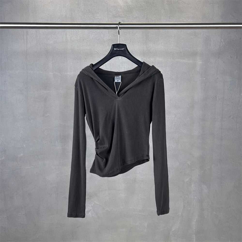 ZODF Sexy Women Autumn Washed 275gsm Hooded T Shirt Ladies Girls Slim Fit Distressed Side Pleated T-Shirts Tees HY1149