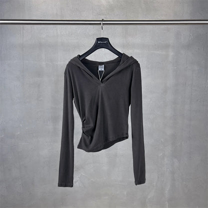 ZODF Sexy Women Autumn Washed 275gsm Hooded T Shirt Ladies Girls Slim Fit Distressed Side Pleated T-Shirts Tees HY1149