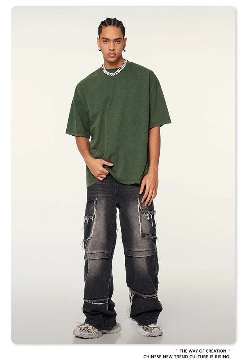 ZODF Vintage 2024 Summer Men Washed Solid 230gsm T-Shirts Unisex Ripped Breathable Quick Dry Cooling Feeling T Shirt Tees HY0801