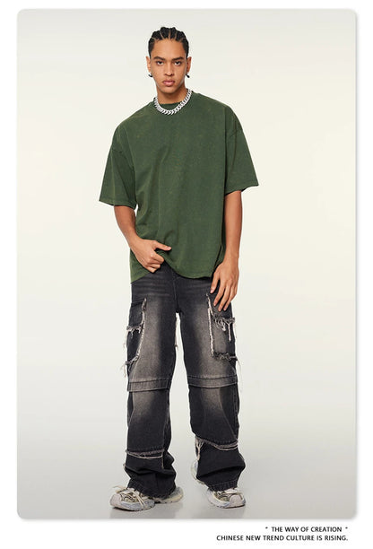 ZODF Vintage 2024 Summer Men Washed Solid 230gsm T-Shirts Unisex Ripped Breathable Quick Dry Cooling Feeling T Shirt Tees HY0801