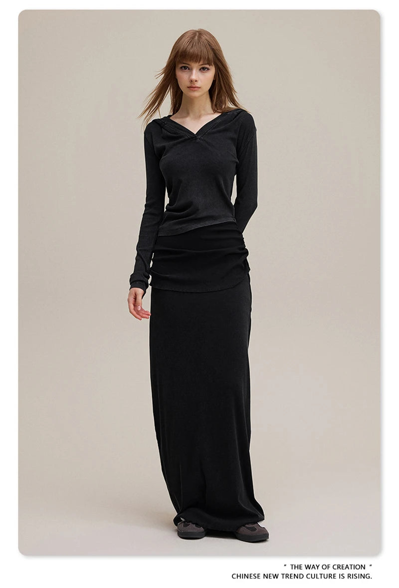 ZODF Sexy Women Autumn Washed 275gsm Hooded T Shirt Ladies Girls Slim Fit Distressed Side Pleated T-Shirts Tees HY1149