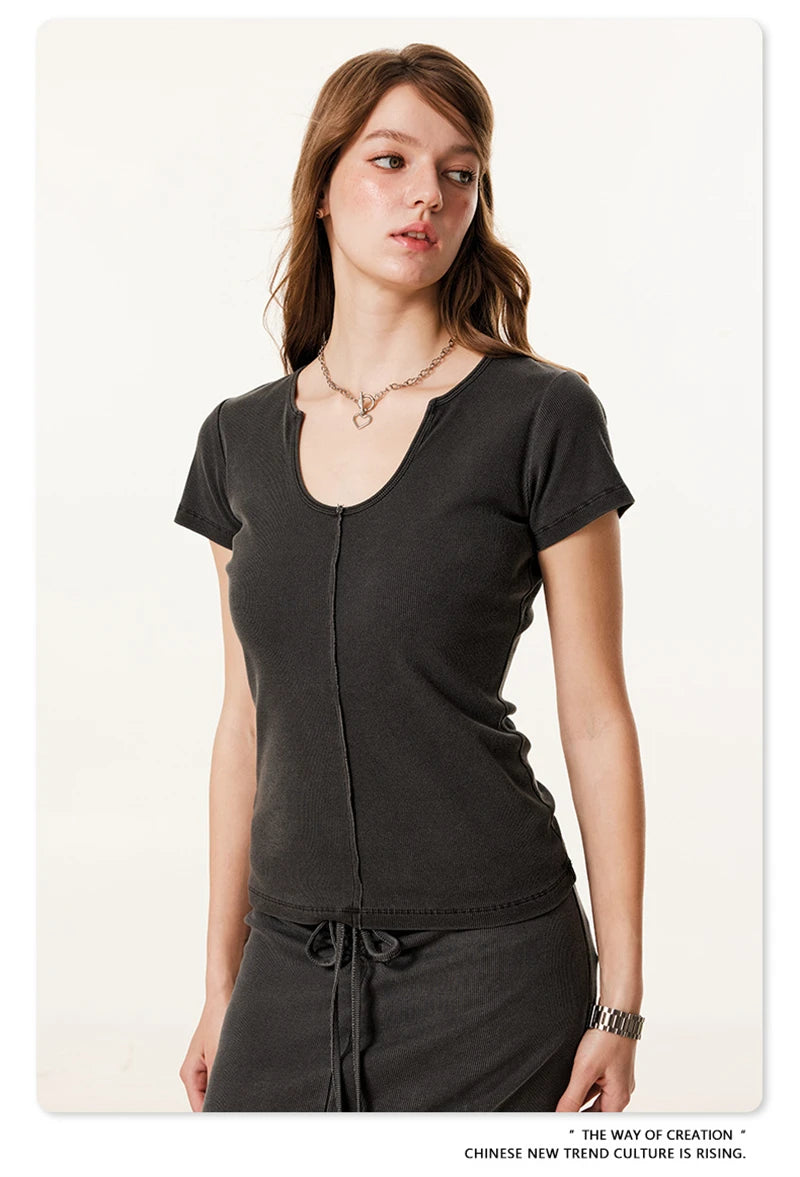 ZODF Women Retro 2025 Summer 275gsm U Collar Washed T-Shirts Hotsweet Girls Sexy Slim Fit T Shirt Brand Tees HY0992